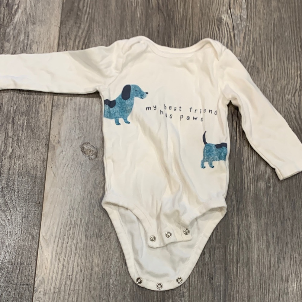 Carters Cream Long Sleeve Baby Onesie with Blue‎ Dog Print